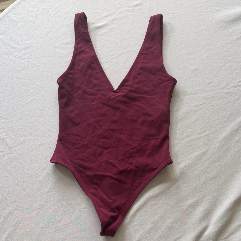 Babaton aritzia V-Neck Burgundy One-Piece Bodysuit